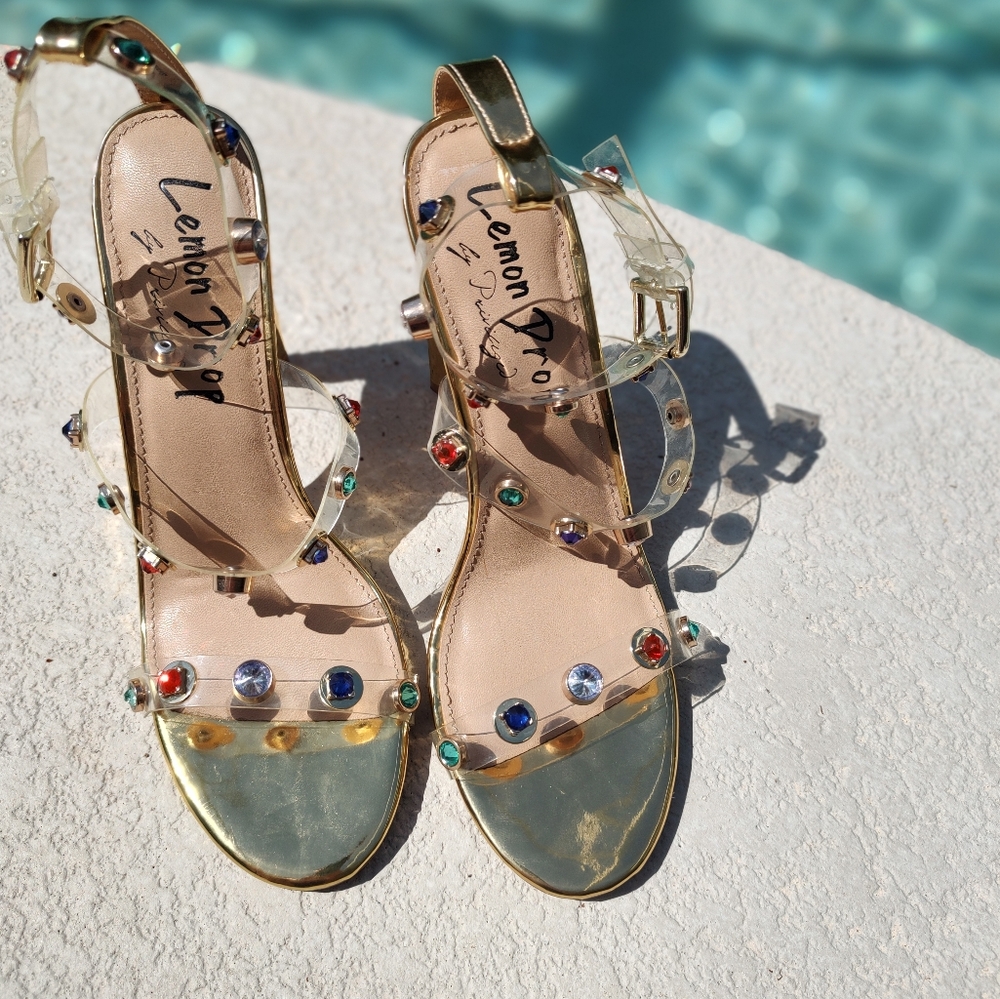Dainty Minimal Gold Heels With Colorful Stones On Straps - Picture 6 of 14